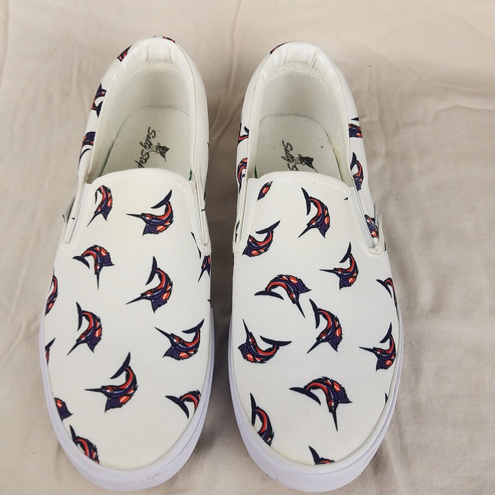 Salty Steps Marlin Print Slip‎ On Sneakers Mens 14 White Canvas Fishing Shoes EX